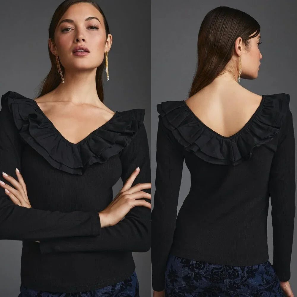 Anthropologie DOLAN Ruffled V-Neck Top in Black Size XS NWT $78